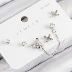Mey İthalat® Pirinç Zirkon Taşlı Kelebek Model Gümüş Renk 925 Ayar Gümüş Çivi Kadın Küpe Set