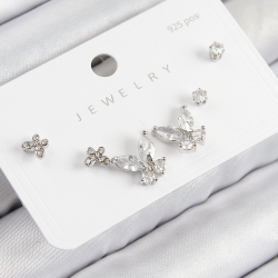 Mey İthalat® Pirinç Zirkon Taşlı Kelebek Model Gümüş Renk 925 Ayar Gümüş Çivi Kadın Küpe Set