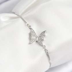Mey İthalat® Pirinç Zirkon Taşlı Kelebek Model Gümüş Renk Asansörlü Kadın Bileklik