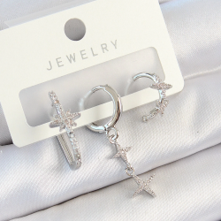 Mey İthalat® Pirinç Zirkon Taşlı Kelebek Ve Sallantılı Yıldız Model Gümüş Renk 3'lü Çift Kadın Küpe Set
