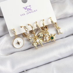 Mey İthalat® Pirinç Zİrkon Taşlı Kelebek ve Yıldız Model Gold Renk 3'lü Çift Kadın Küpe