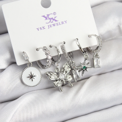 Mey İthalat® Pirinç Zİrkon Taşlı Kelebek ve Yıldız Model Gümüş Renk 3'lü Çift Kadın Küpe