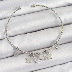 Mey İthalat® Pirinç Zirkon Taşlı Kelebek Ve Yıldız Model Gümüş Renk Charm Bileklik