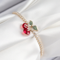 Mey İthalat® Pirinç Zirkon Taşlı Kiraz Model Gold Renk Asansörlü Kadın Bileklik