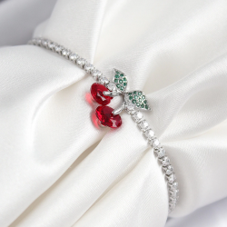 Mey İthalat® Pirinç Zirkon Taşlı Kiraz Model Gümüş Renk Asansörlü Kadın Bileklik