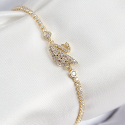 Mey İthalat® Pirinç Zirkon Taşlı Kuğu Model Gold Renk Kadın Bileklik