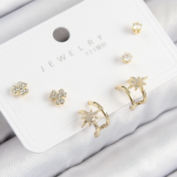 Mey İthalat® Pirinç Zirkon Taşlı Kutup Yıldızı Model Gold Renk 925 Ayar Gümüş Çivi Kadın Küpe Set