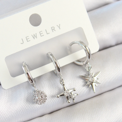 Mey İthalat® Pirinç Zirkon Taşlı Kutup Yıldızı Model Gümüş Renk 3'lü Çift Kadın Küpe Set