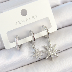 Mey İthalat® Pirinç Zirkon Taşlı Kutup Yıldızı Model Gümüş Renk 3'lü Çift Kadın Küpe Set