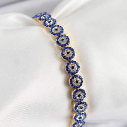 Mey İthalat® Pirinç Zirkon Taşlı Lacivert Nazar Model Gold Renk Lastikli Kadın Bileklik