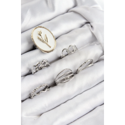 Mey İthalat® Pirinç Zirkon Taşlı Lale Model Gümüş Renk Kadın Yüzük Kombin Set