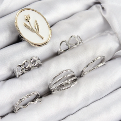 Mey İthalat® Pirinç Zirkon Taşlı Lale Model Gümüş Renk Kadın Yüzük Kombin Set