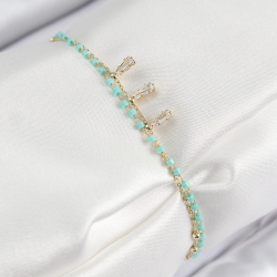 Mey İthalat® Pirinç Zirkon Taşlı Mavi Boncuklu Model Gold Renk Kadın Bileklik