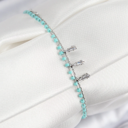 Mey İthalat® Pirinç Zirkon Taşlı Mavi Boncuklu Model Gümüş Renk Kadın Bileklik