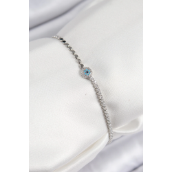 Mey İthalat® Pirinç Zirkon Taşlı Nazar Model Ezme Zincir Gümüş Renk Kadın Bileklik