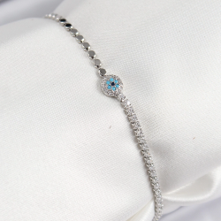 Mey İthalat® Pirinç Zirkon Taşlı Nazar Model Ezme Zincir Gümüş Renk Kadın Bileklik