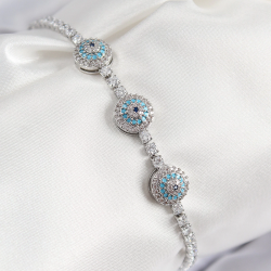 Mey İthalat® Pirinç Zirkon Taşlı Nazar Model Gümüş Renk Kadın Bileklik