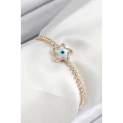 Mey İthalat® Pirinç Zirkon Taşlı Nazar Yıldız Model Gold Renk Asansörlü Kadın Bileklik