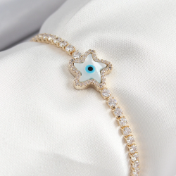 Mey İthalat® Pirinç Zirkon Taşlı Nazar Yıldız Model Gold Renk Asansörlü Kadın Bileklik