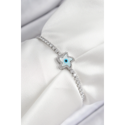 Mey İthalat® Pirinç Zirkon Taşlı Nazar Yıldız Model Gümüş Renk Asansörlü Kadın Bileklik