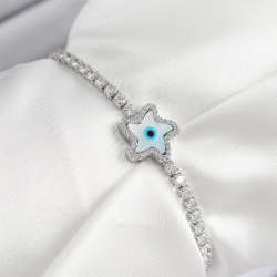 Mey İthalat® Pirinç Zirkon Taşlı Nazar Yıldız Model Gümüş Renk Asansörlü Kadın Bileklik