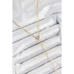 Mey İthalat® Pirinç Zirkon Taşlı Pembe Kalp Figürlü Y Model Gold Renk Kadın Kolye