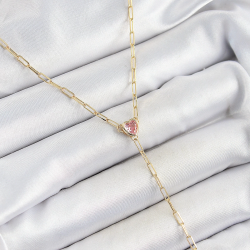 Mey İthalat® Pirinç Zirkon Taşlı Pembe Kalp Figürlü Y Model Gold Renk Kadın Kolye