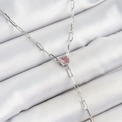 Mey İthalat® Pirinç Zirkon Taşlı Pembe Kalp Figürlü Y Model Gümüş Renk Kadın Kolye