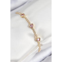 Mey İthalat® Pirinç Zirkon Taşlı Pembe Kalp Model Gold Renk Kadın Bileklik