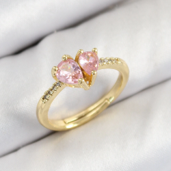 Mey İthalat® Pirinç Zirkon Taşlı Pembe Kalp Model Gold Renk Kadın Yüzük