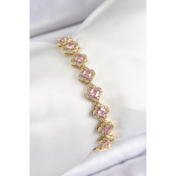 Mey İthalat® Pirinç Zirkon Taşlı Pembe Yonca Baget Model Gold Renk VIP Seri Kadın Bileklik