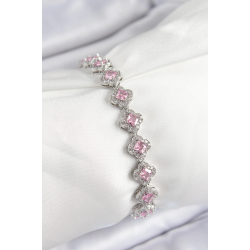 Mey İthalat® Pirinç Zirkon Taşlı Pembe Yonca Baget Model Gümüş Renk VIP Seri Kadın Bileklik