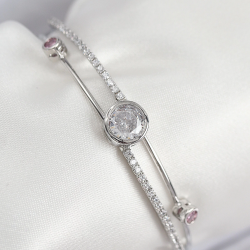 Mey İthalat® Pirinç Zirkon Taşlı Pırlanta Model Gümüş Renk Kadın Bileklik