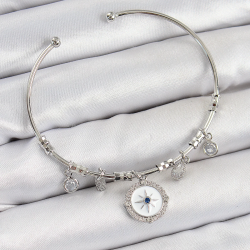 Mey İthalat® Pirinç Zirkon Taşlı Pusula Model Gümüş Renk Charm Bileklik