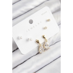 Mey İthalat® Pirinç Zirkon Taşlı Sallantılı Damla Model Gold Renk 925 Ayar Gümüş Çivi Kadın Küpe Set