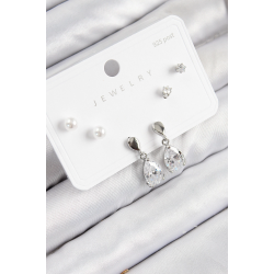 Mey İthalat® Pirinç Zirkon Taşlı Sallantılı Damla Model Gümüş Renk 925 Ayar Gümüş Çivi Kadın Küpe Set