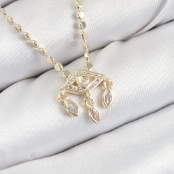 Mey İthalat® Pirinç Zirkon Taşlı Sallantılı Göz Model Ezme Zincir Gold Renk Kadın Kolye