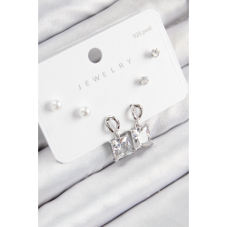 Mey İthalat® Pirinç Zirkon Taşlı Sallantılı Kare Model Gümüş Renk 925 Ayar Gümüş Çivi Kadın Küpe Set