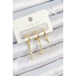 Mey İthalat® Pirinç Zirkon Taşlı Sallantılı Model Gold Renk 3'lü Çift Kadın Küpe Set