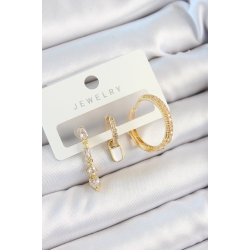 Mey İthalat® Pirinç Zirkon Taşlı Sallantılı Model Gold Renk 3'lü Çift Kadın Küpe Set