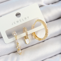 Mey İthalat® Pirinç Zirkon Taşlı Sallantılı Model Gold Renk 3'lü Çift Kadın Küpe Set