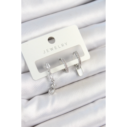 Mey İthalat® Pirinç Zirkon Taşlı Sallantılı Model Gümüş Renk 3'lü Çift Kadın Küpe Set