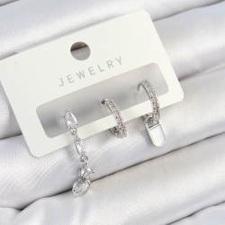 Mey İthalat® Pirinç Zirkon Taşlı Sallantılı Model Gümüş Renk 3'lü Çift Kadın Küpe Set