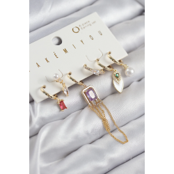 Mey İthalat® Pirinç Zirkon Taşlı Sallantılı Ve İncili Gold Renk 6'lı Küpe Set