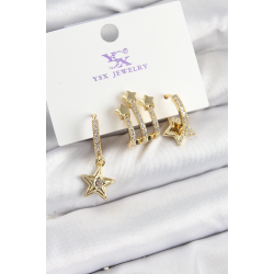Mey İthalat® Pirinç Zİrkon Taşlı Sallantılı Yıldız Model Gold Renk 3'lü Kadın Küpe