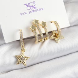 Mey İthalat® Pirinç Zİrkon Taşlı Sallantılı Yıldız Model Gold Renk 3'lü Kadın Küpe