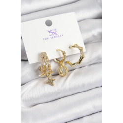 Mey İthalat® Pirinç Zİrkon Taşlı Sallantılı Yıldız Model Gold Renk 3'lü Kadın Küpe