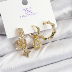 Mey İthalat® Pirinç Zİrkon Taşlı Sallantılı Yıldız Model Gold Renk 3'lü Kadın Küpe