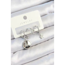 Mey İthalat® Pirinç Zirkon Taşlı Sallantılı Yıldız Model Gümüş Renk 3'lü Çift Kadın Küpe Set