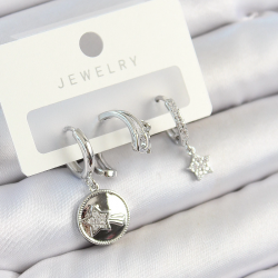 Mey İthalat® Pirinç Zirkon Taşlı Sallantılı Yıldız Model Gümüş Renk 3'lü Çift Kadın Küpe Set